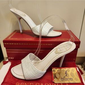 Rene Caovilla White Croc Leather Heeled Mules Sz. 8/38 Ret.$1200 NEW SOLES!